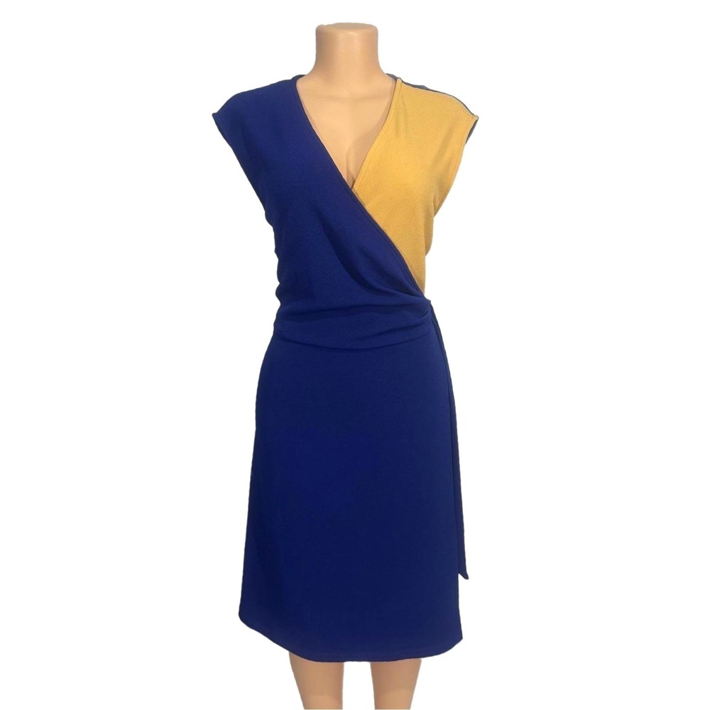 Kasper Colorblock Sleeveless Wrap Dress in‎ Blue and Yellow Size XXL